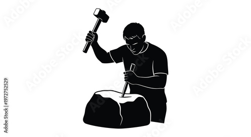 A worker powerfully swings a hammer onto a rock creating a striking black silhouette high quality professional detailed modern elegant stylish