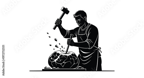 A blacksmith intensely hammers a metal object creating sparks and breaking stone depicted in a striking silhouette high quality professional detailed