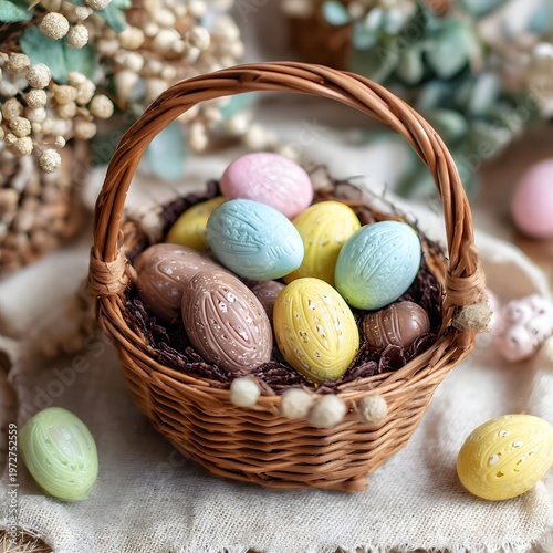 A wicker basket filled with colorful Easter eggs on a tablecloth