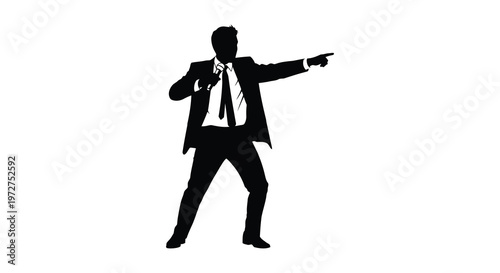 A sharply dressed man in a suit points forward with confidence captured as a striking black silhouette high quality professional detailed