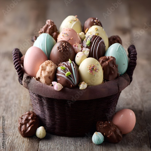 A brown wicker basket filled with colorful chocolate Easter eggs and treats