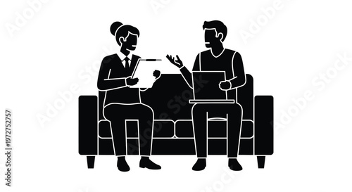 A business meeting between a man and a woman on a sofa depicted in a striking black silhouette high quality professional
