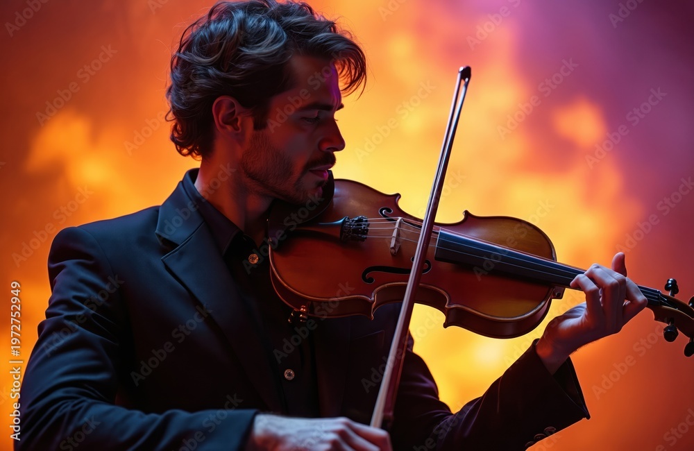 Fototapeta premium Man plays violin passionately. Musician performs classical music on stringed instrument. Artist creates melody with bow in dimly lit venue with colorful lights.
