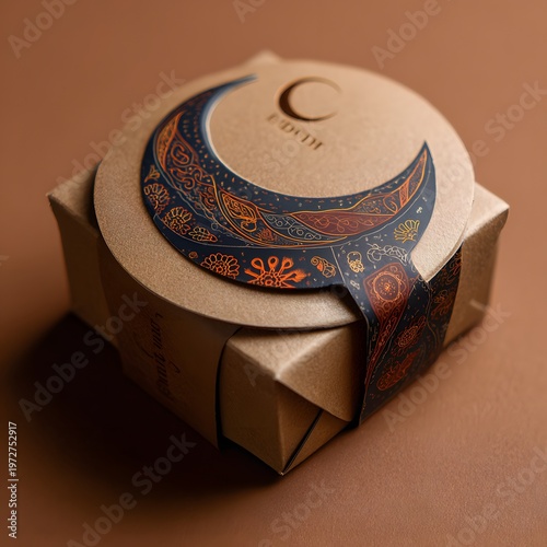 A beautifully wrapped gift box with a crescent moon design on top