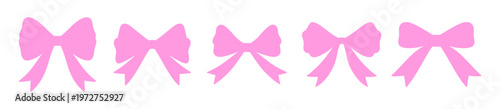 Coquette bows set, silhouettes. Charming pink tied ribbons, hand drawn illustration. Ideal for birthday, wedding, Valentine's gift in vintage style, baby shower decoration, girl romantic design.