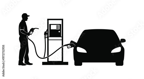A person fuels a car at a gas station presented as a stark black and white image silhouette high quality professional