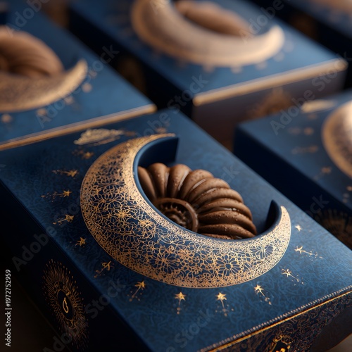 A close-up view of blue and gold moon-shaped cookie boxes