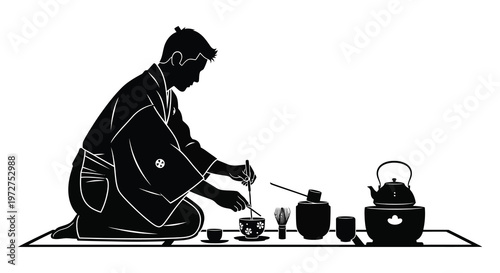 A man prepares matcha tea with traditional tools on a tatami mat depicted in striking silhouette high quality professional detailed modern