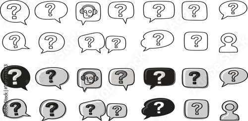 Collection of hand drawn question mark speech bubbles in various styles