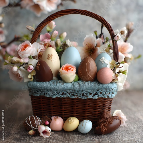 A beautifully decorated Easter basket filled with colorful eggs and flowers