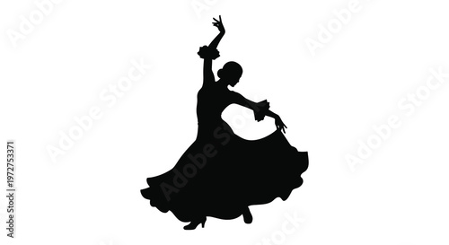 A striking black silhouette depicts a flamenco dancer gracefully raising her arm during a passionate performance silhouette high quality professional detailed