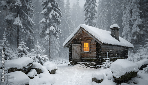 Snowy Forest Wooden Cabin
