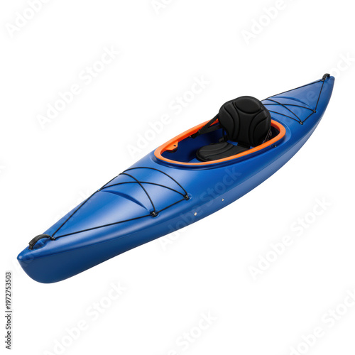 Sleek blue single person kayak with bright orange rim and black seat isolated on white background under studio lighting concept of outdoor adventure equipment