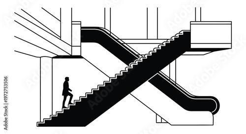 A minimalist depiction of an escalator and staircase intersection with a solitary figure presented as a silhouette high quality professional detailed