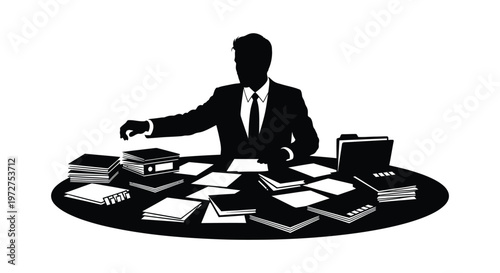 A businessman sits at a cluttered desk appearing stressed while working with papers depicted as a silhouette high quality professional detailed