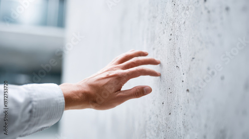 Labor day modern tech ux ui designer hand wall touch human skin fingers closeup texture surface person sleeve casual adult male indoors