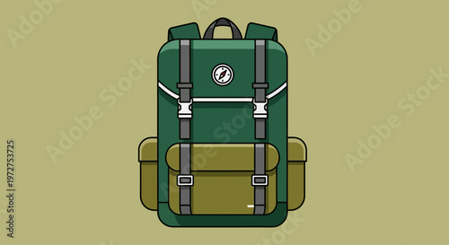 Green Backpack with Buckles and Pockets.
