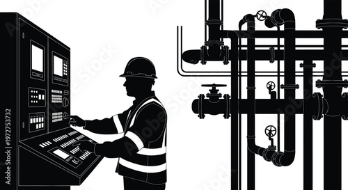 A worker in a hard hat operates industrial machinery with complex piping depicted as a striking silhouette high quality professional detailed
