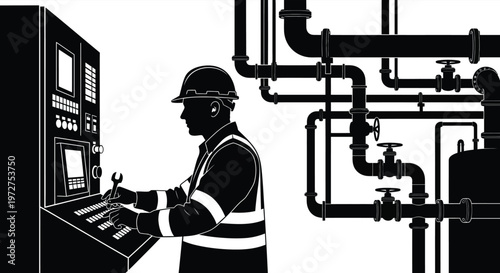 A worker in a hardhat inspects industrial machinery and control panels depicted as a striking silhouette high quality professional detailed modern
