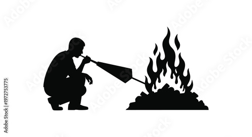 A person crouches and appears to blow on embers creating flames with a bellows a stark silhouette high quality professional detailed