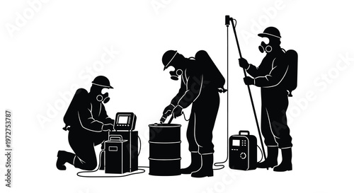 Three workers in protective gear examine equipment and a barrel depicted in a striking black silhouette high quality professional detailed modern