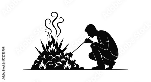 A man kneels by a stylized bonfire carefully tending the flames with a stick presented as a silhouette high quality professional