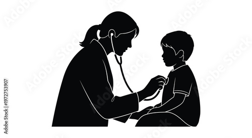 A doctor examines a young boy with a stethoscope showcasing a caring medical interaction in black silhouette high quality professional detailed