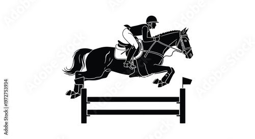 A dynamic black silhouette depicts a horseback rider skillfully jumping over a fence capturing the essence of equestrian sport silhouette
