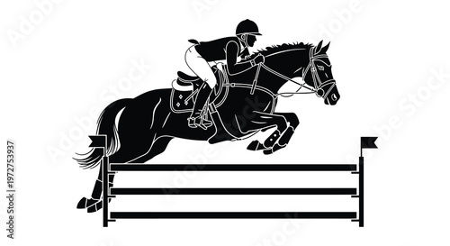 A black silhouette depicts a horse and rider dramatically jumping over an obstacle during an equestrian event silhouette high quality professional