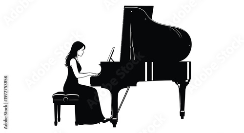 A woman elegantly plays a grand piano captured in a striking black and white silhouette high quality professional detailed modern elegant