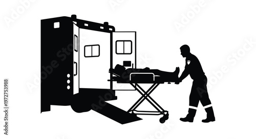 Paramedics transport a patient on a stretcher from an ambulance depicted as a striking black silhouette high quality professional detailed modern