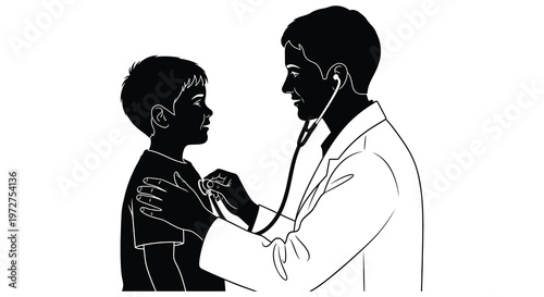 A doctor examines a young boy with a stethoscope showcasing a caring medical interaction silhouette high quality professional detailed modern elegant