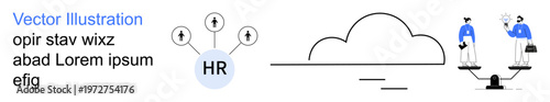 Business management, HR systems, decision-making, cloud services, networking, workforce planning. HR icon with connections, cloud image individuals balancing scales. HR systems and business