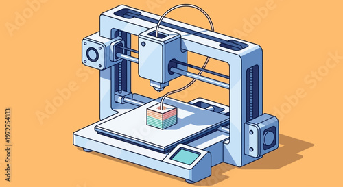 Isometric 3D Printer Creating Cube Object.