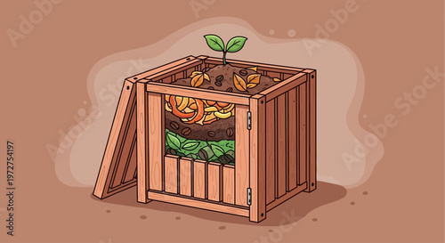 Wooden Compost Bin with Sprouting Plants.