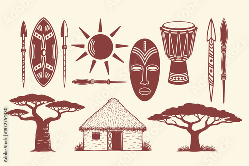 African tribal baobab trees hut sun mask drum spears