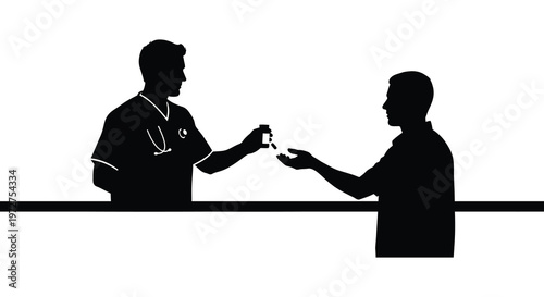 A doctor presents medication to a patient across a counter depicted in a striking black silhouette high quality professional detailed modern