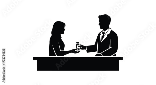 A doctor handing medication to a patient across a counter depicted as a stark black silhouette high quality professional detailed modern