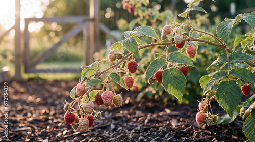 Konstfotografi Raspberry bush with ripe and unripe red raspberries growing in garden with green leaves and wooden fence background