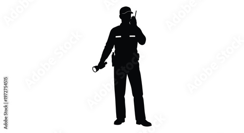 A full body silhouette of a security guard communicating via radio and holding a flashlight isolated on white background silhouette high quality