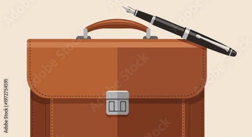 Brown Briefcase with Pen on Top.
