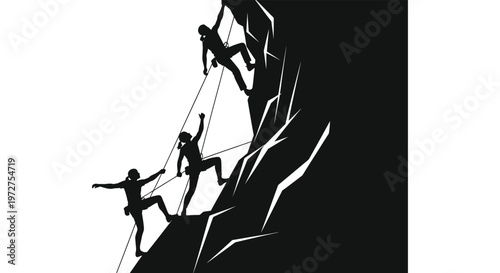 Three climbers ascend a steep rock face connected by ropes depicted in a striking black silhouette high quality professional detailed modern