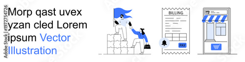 Business strategy, financial management, teamwork, retail services, customer transactions, digital payment. Team helping climb blocks, receipt showing billing storefront facade. Business strategy