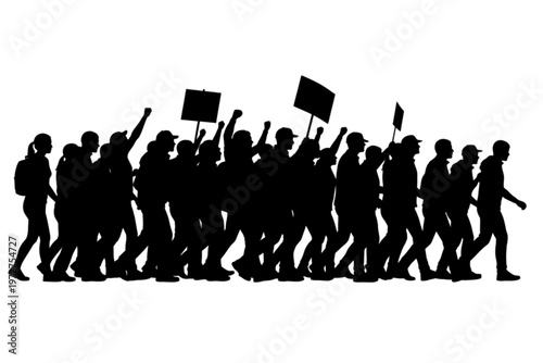 Marching for Change: Silhouetted figures of determined protestors march in unison, raising signs and expressing their collective voice for a cause. The stark contrast evokes a sense of unity.