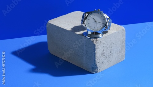 Avant-garde time concept with melting silver watch on concrete block, minimalist still life on blue background with copy space left.