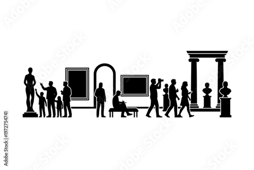 Art Gallery Silhouette: A sophisticated silhouette of visitors at an art gallery, viewing art exhibits and sculptures in a museum setting.