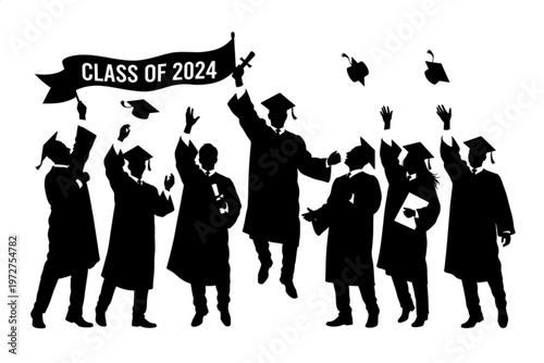 Foto Class of 2024 Celebration: A celebratory silhouette captures a cohort of graduates joyfully tossing their graduation caps into the air, symbolizing the culmination of their academic journey