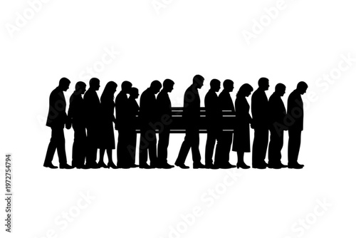 Solemn Procession: A poignant silhouette captures a funeral procession, depicting individuals in mourning as they carry a symbolic object, evoking themes of loss, remembrance, and communal support.