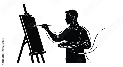 A black silhouette of an artist painting at an easel holding a palette showcasing creative expression silhouette high quality professional detailed