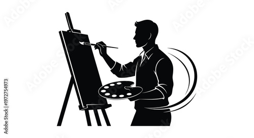 An artist stands before an easel brush in hand capturing a moment of creation in black silhouette high quality professional detailed
